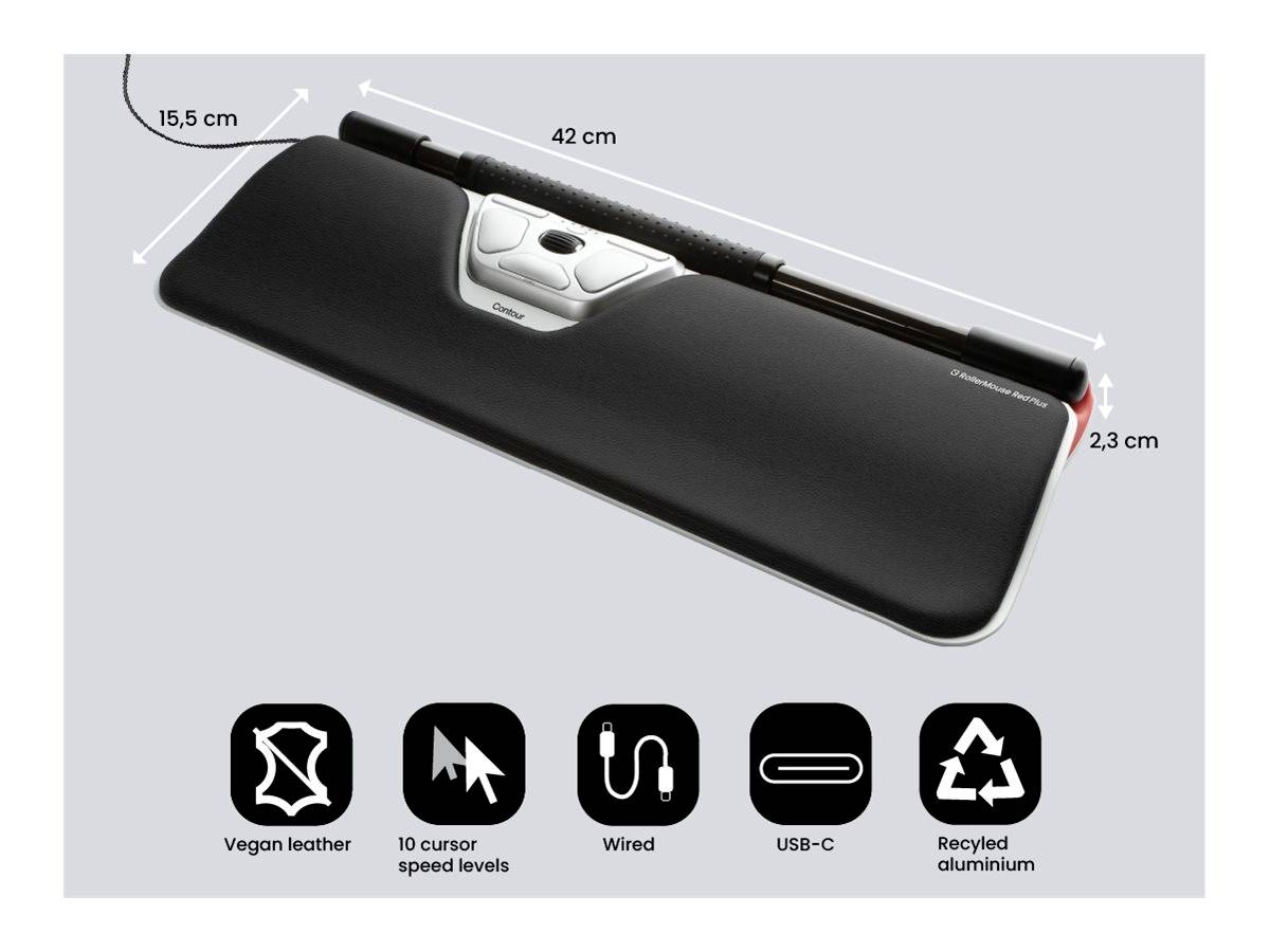 Contour Design RollerMouse RED Plus Maus, Mauspad-Set Kabelgebunden Schwarz, Silber 7 Tasten 600 dpi, 800 dpi, 1000 dpi, 1200 dpi