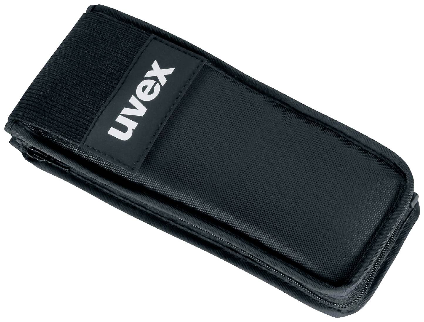 Schwarze Tasche mit Klettverschluss und 'uvex'-Logo darauf, geeignet zur Aufbewahrung von Schutzbrillen oder ähnlichen kleinen Gegenständen.