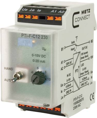Industrie-Relais mit Display, Hand/Auto-Schalter und Spannungswähler. Geeignet für 230V AC. Beschriftung und Anschlussdetails sichtbar.