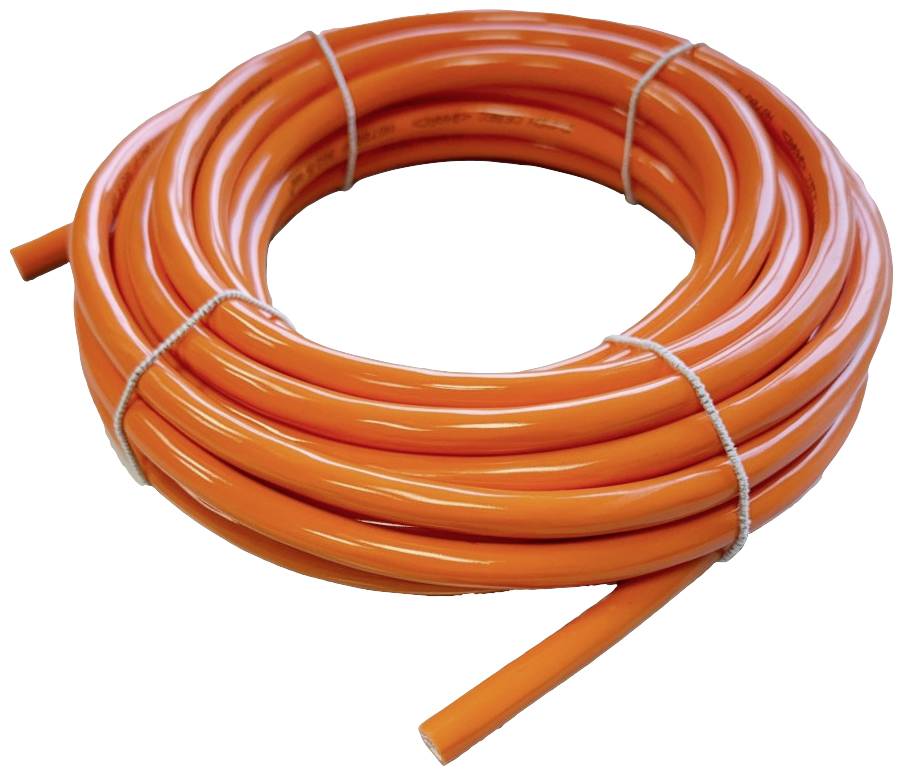 Eine aufgewickelte Rolle aus leuchtend orangefarbenem Kunststoffschlauch, gesichert mit weißen Kabelbindern.