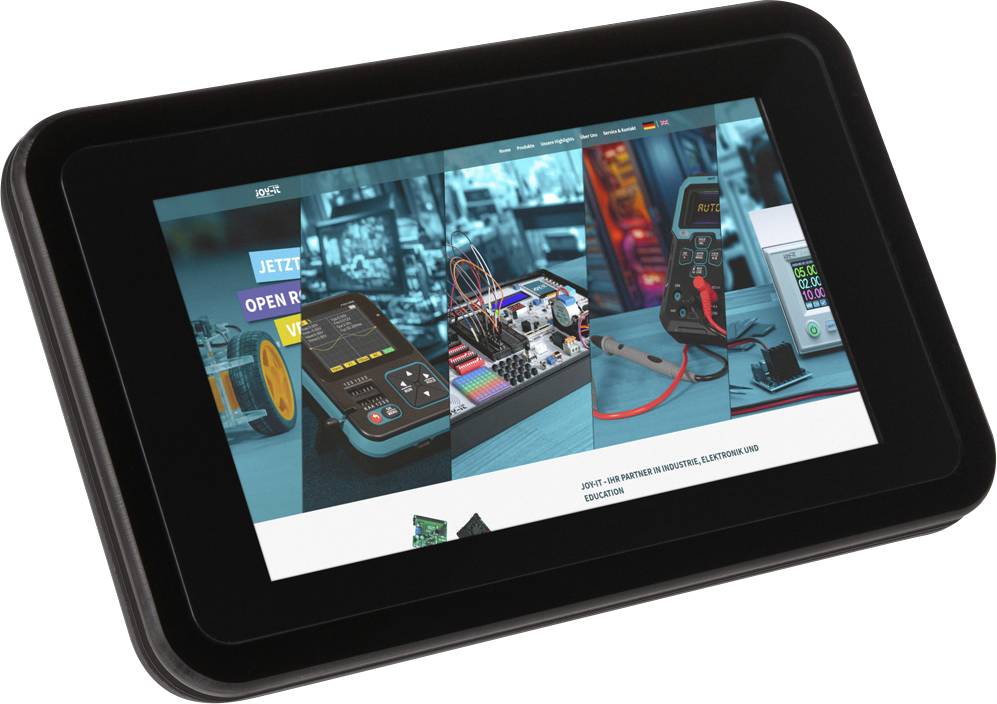 Tablet mit geöffneter Webseite über Elektronikprojekte, zeigt Werkzeuge und Geräte.