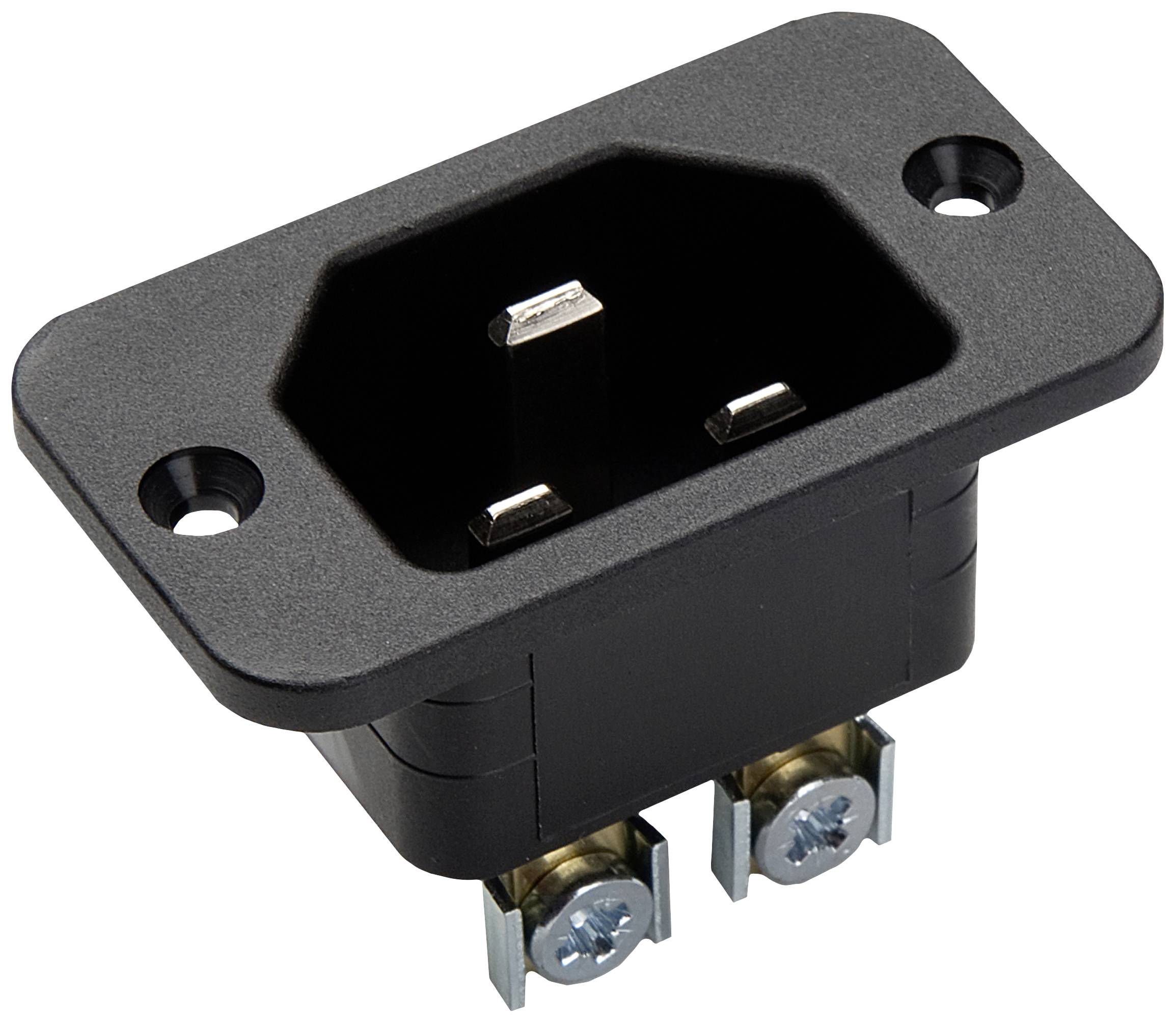 Schwarze IEC-Strombuchse mit rechteckiger Form und Metallanschlüssen, zeigt zwei Schrauben zur Befestigung.