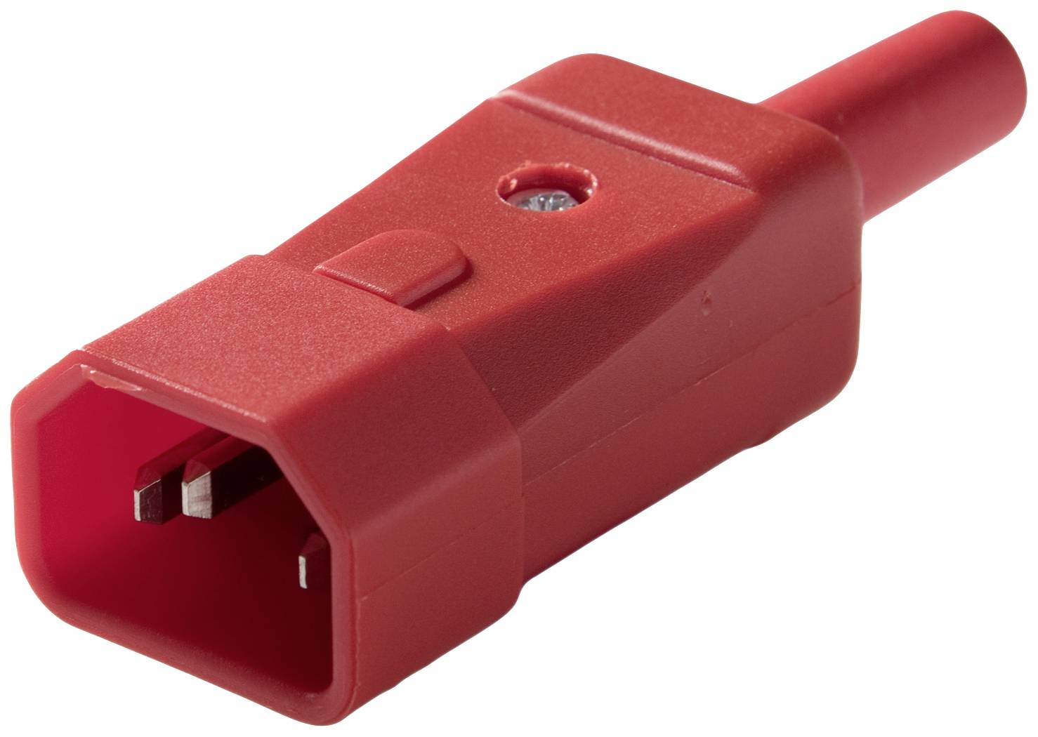 Roter Elektrokabelstecker mit rechteckiger Öffnung und zwei Metallkontakten, geeignet für sichere elektrische Verbindungen.