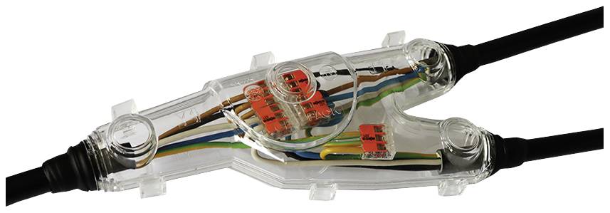 Ein transparenter Kabelverbinder, der mehrere farbige Kabel verbindet. Geeignet für Elektroinstallationen.