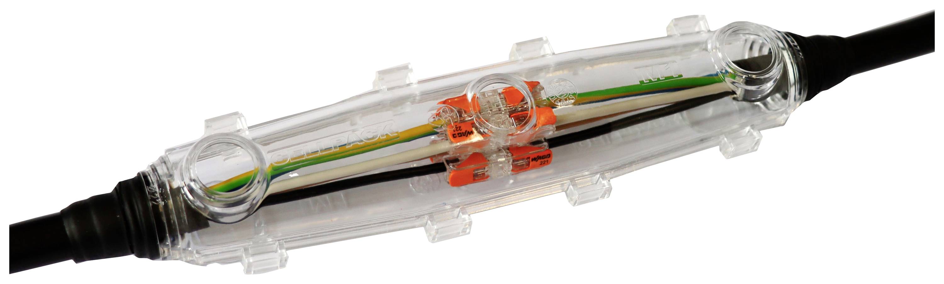 Transparente Kabelverbindungsmuffe mit sichtbarer Verdrahtung und Klemmen. Geeignet für den Außenbereich oder feuchte Umgebungen.