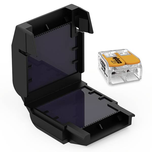 Sicherheitsbox und elektrische Klemme: Geöffnete schwarze Box und transparente Klemme für Verkabelung, bietet Schutz und Verbindung.