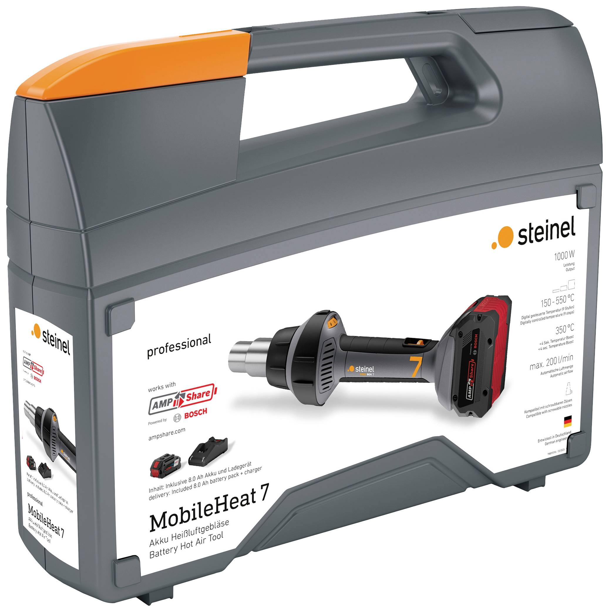 Eine Verpackung für die Akku-Heißluftpistole 'MobileHeat 7' von Steinel, die 100W Leistung bietet und mit Bosch AMPShare Batterie kompatibel ist.