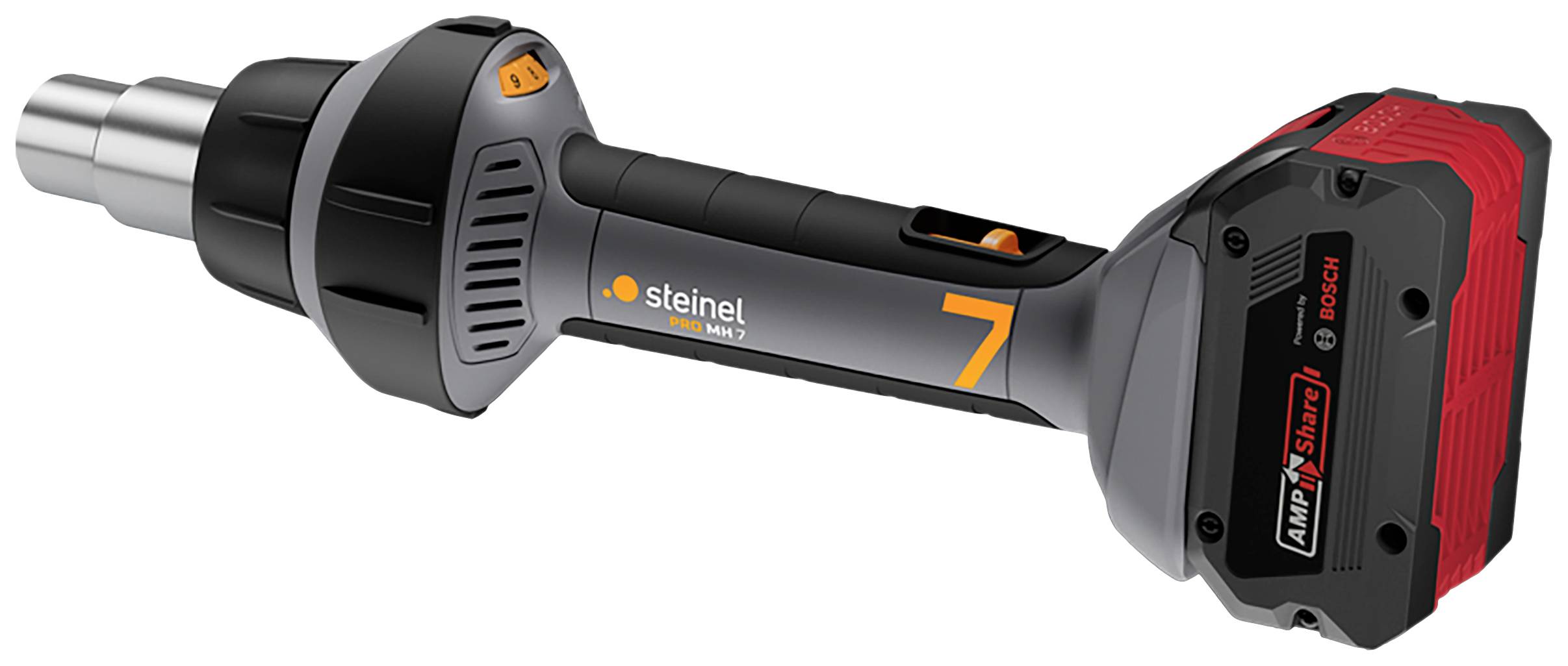 Ein Akku-Heißluftfön von Steinel, Modell '7', mit rotem Bosch-Akku. Ideal für mobile Anwendungen in Handwerk und Industrie.