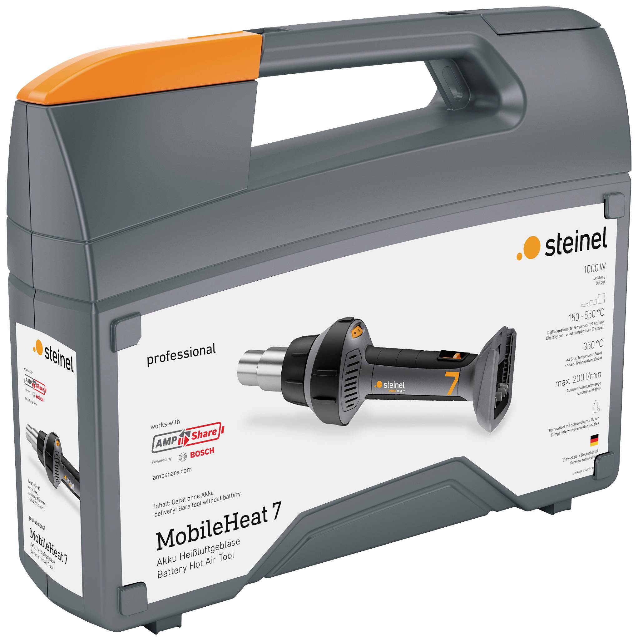 Grauer Werkzeugkoffer mit orangenem Griff. Aufkleber zeigt ein kabelloses Heißluftgebläse 'MobileHeat 7' von Steinel.