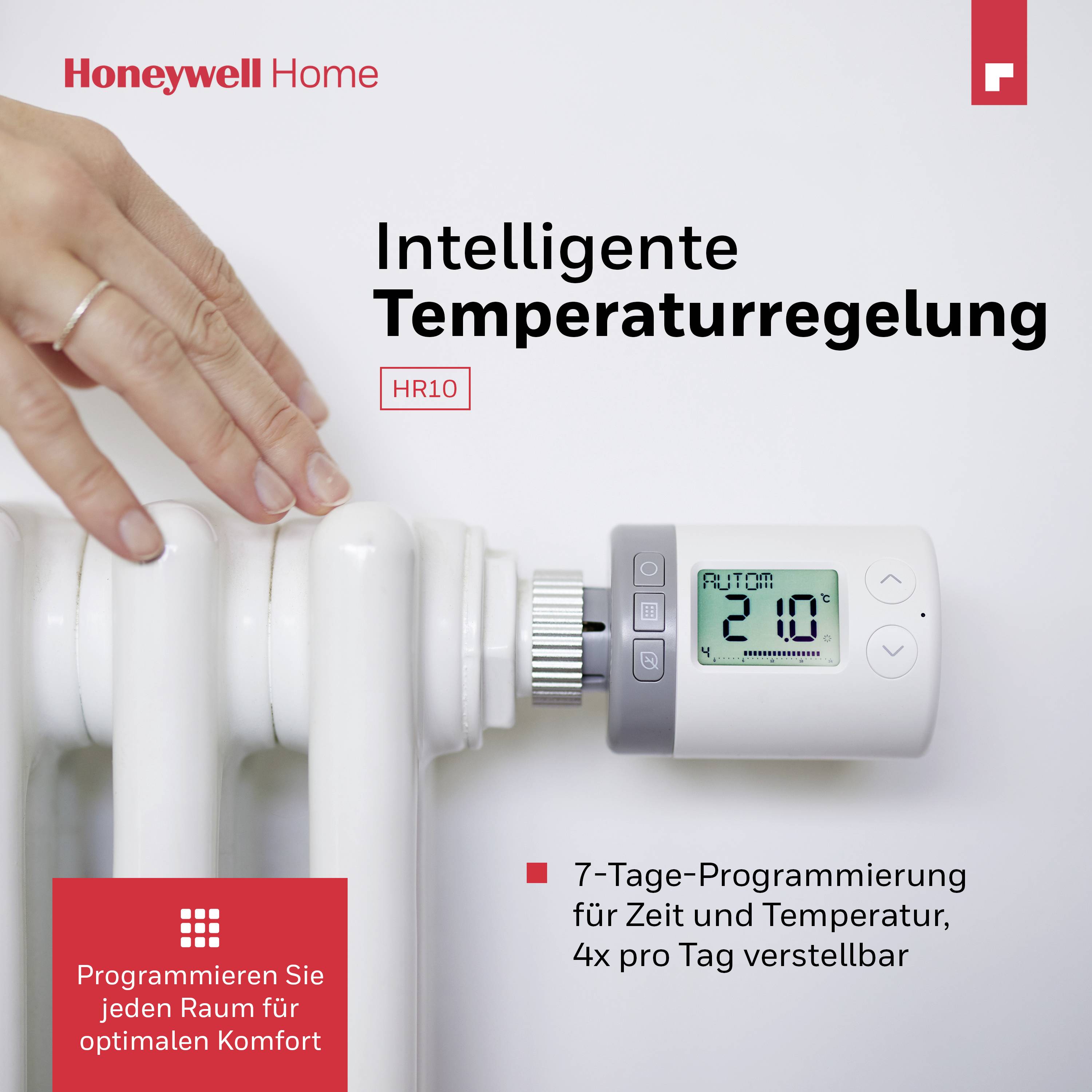 'Intelligente Temperaturregelung HR10' zeigt Hand, die Thermostat an Heizkörper einstellt. Hinweis: '7-Tage-Programmierung, 4x pro Tag verstellbar'.