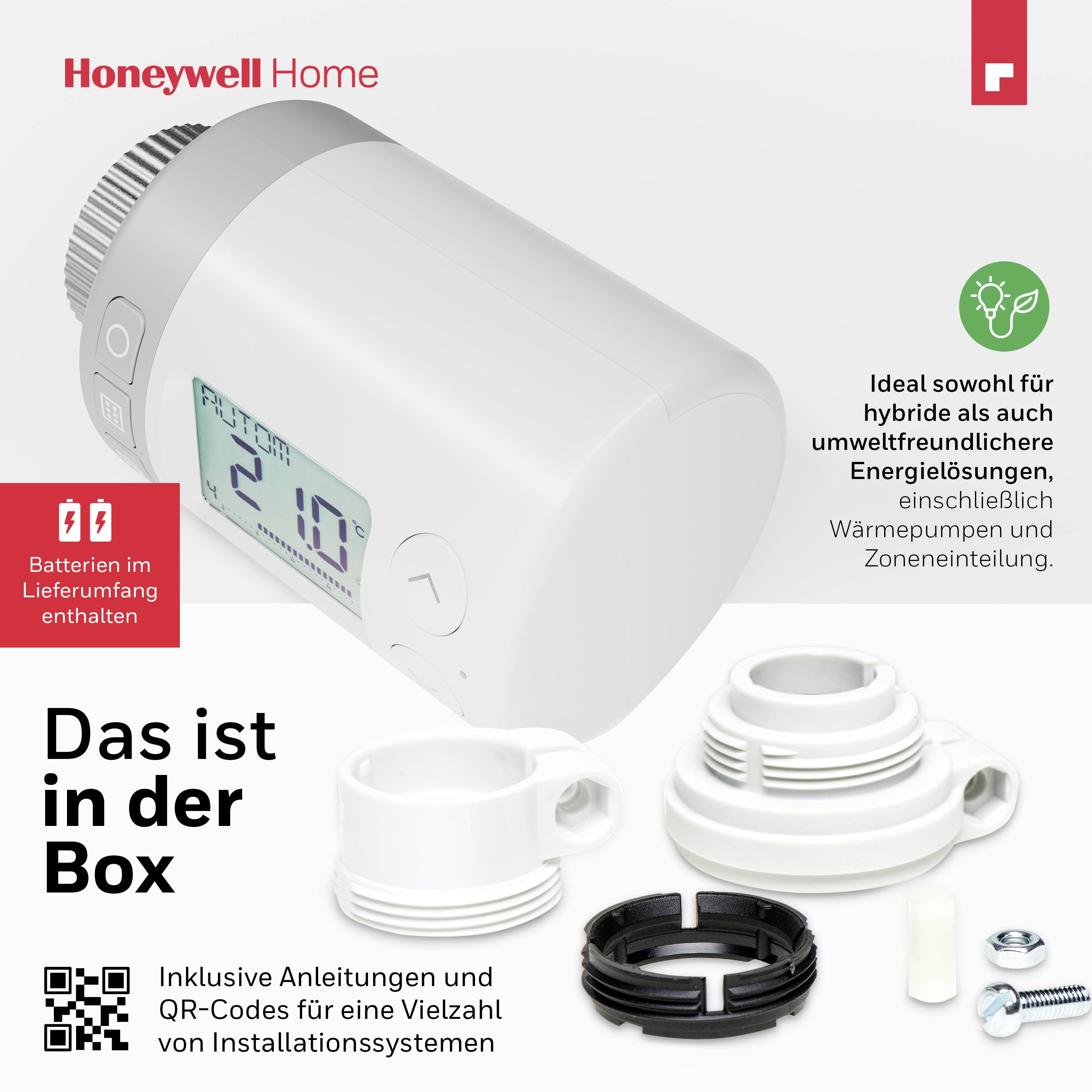 'Das ist in der Box' zeigt ein Thermostatkopf mit digitalem Display, Adapter und Batterien. Geeignet für energieeffiziente Heizlösungen.