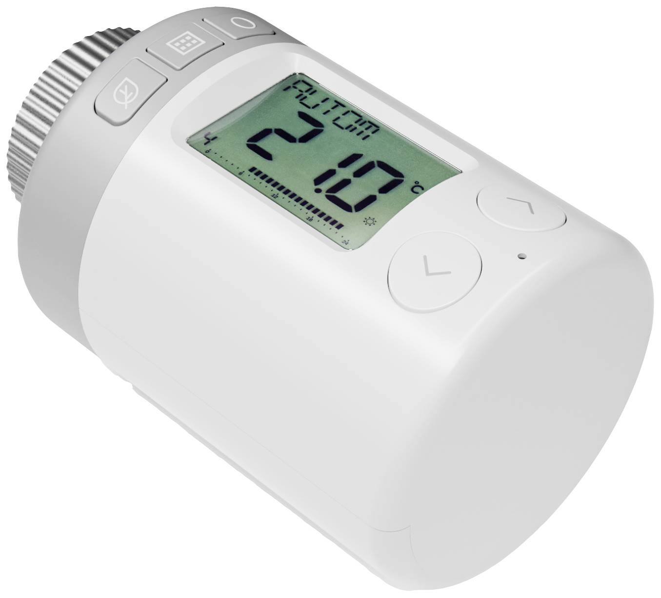 Elektronisches Heizkörperthermostat, zeigt 'AUTO' und 21,0°C auf digitalem Display, weiße Farbe, runde Form, Steuerungstasten.
