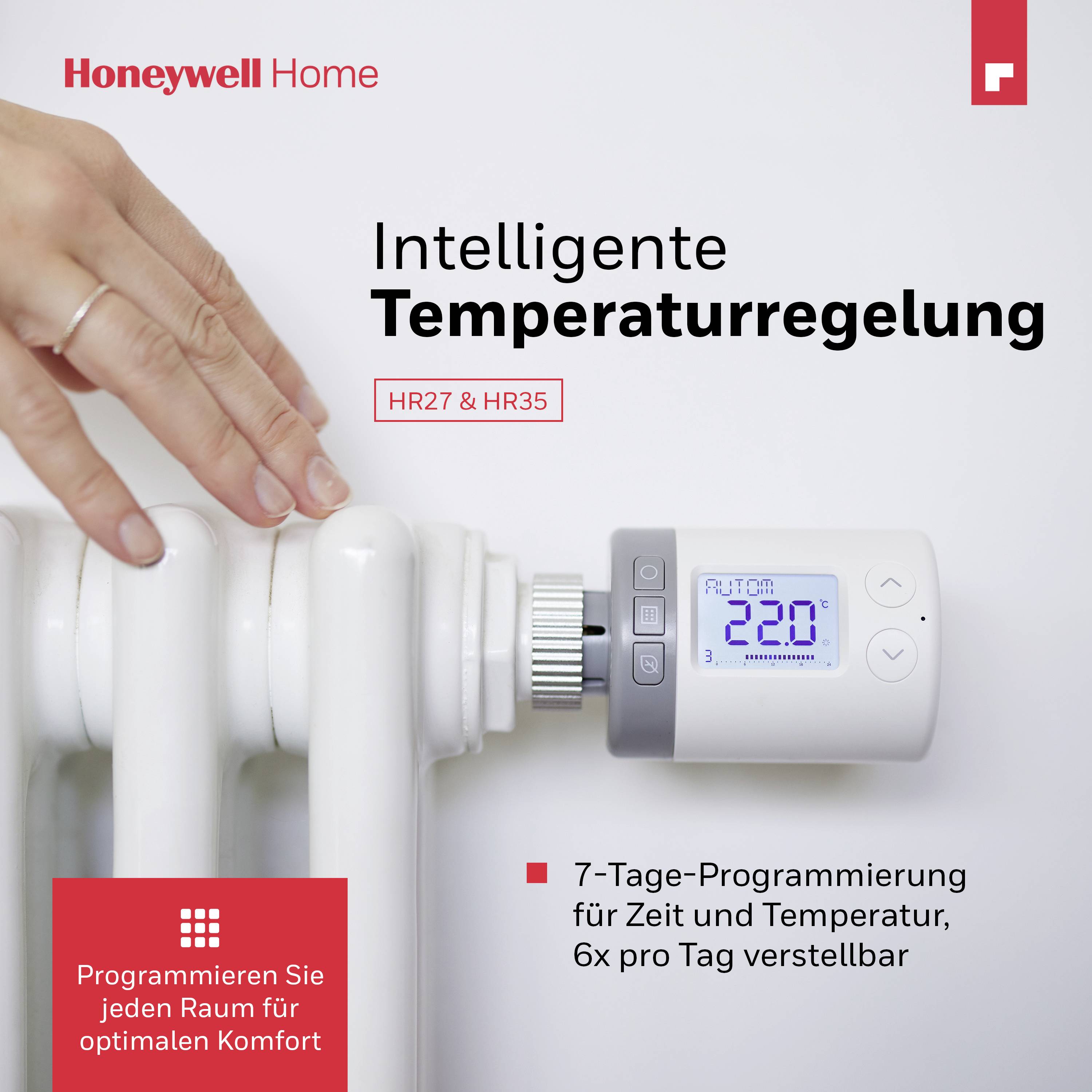 'Intelligente Temperaturregelung' zeigt ein Thermostat an einem Heizkörper mit Display. Text: 'Programmieren Sie jeden Raum für optimalen Komfort'.