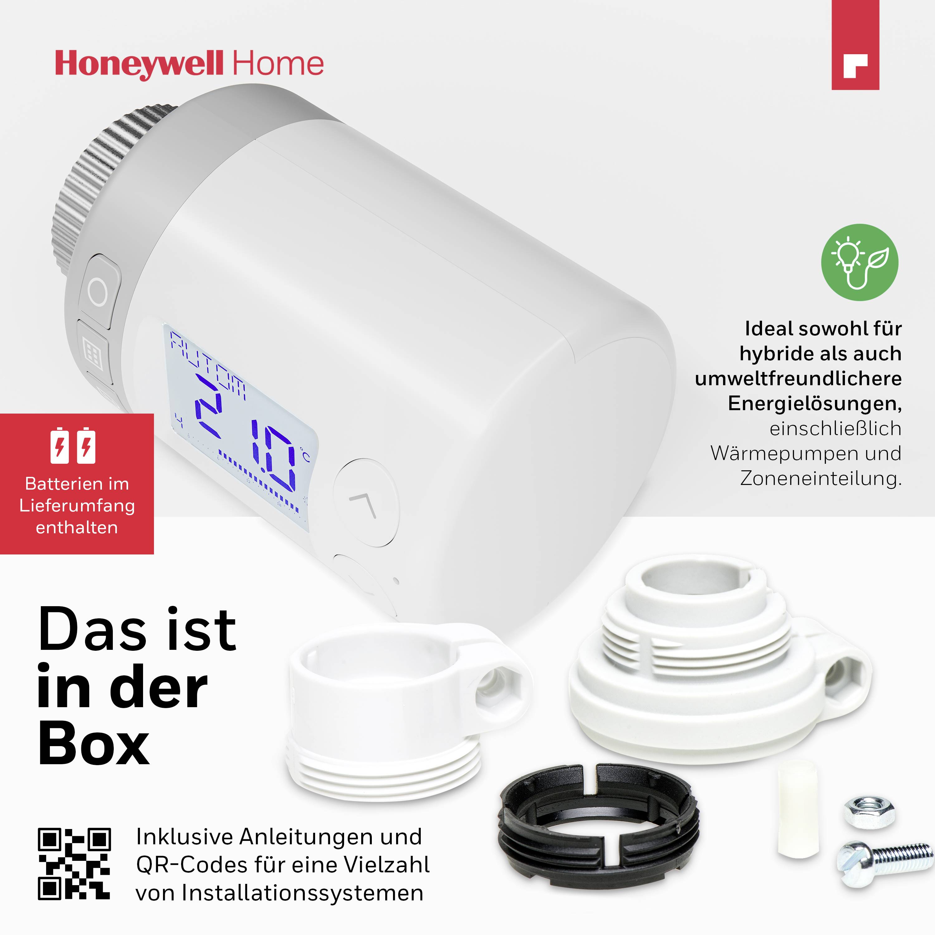 Darstellung eines Honeywell Heizkörperthermostats mit Display. Beinhaltet Batterien, Adapter, Anleitung und QR-Codes für Installation.