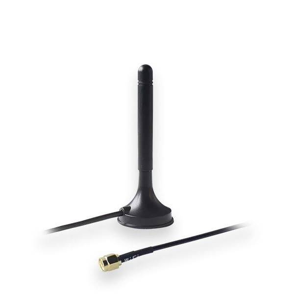 Schwarze externe Antenne mit magnetischem Sockel und Kabel, geeignet für drahtlose Verbindungen.
