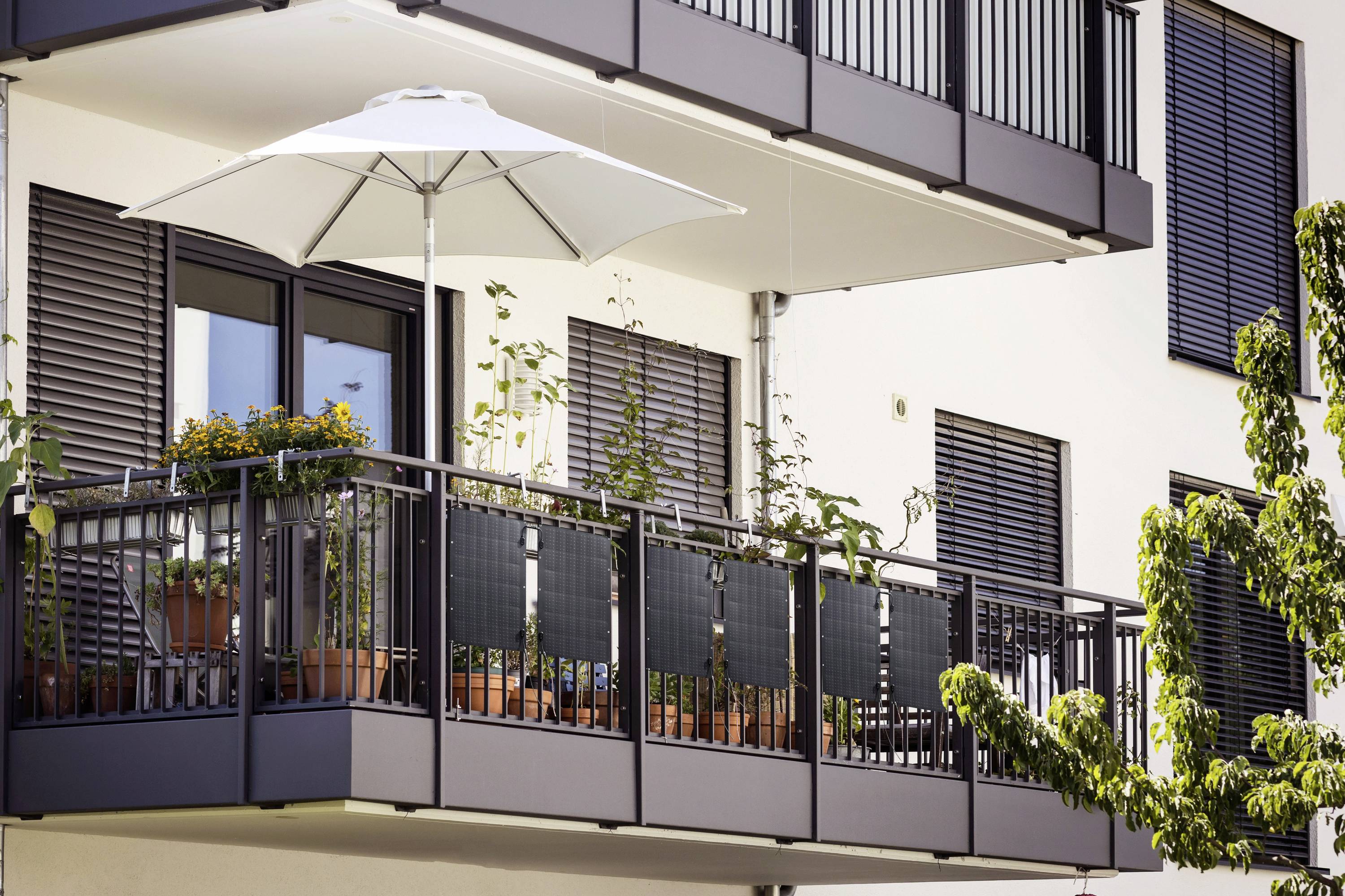 Balkon einer modernen Wohnung mit Pflanzen in Töpfen und offenem Sonnenschirm, umgeben von Bäumen.