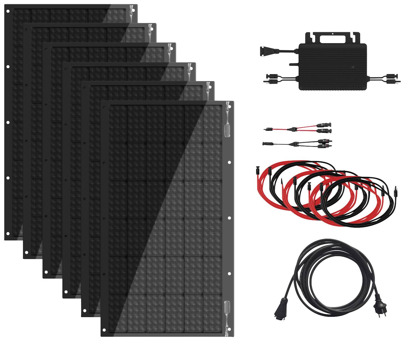Abbildung von sechs Solarmodulen mit Kabeln und einem Wechselrichter. Zeigt die Komponenten eines Solarstromsystems für Haushalte.