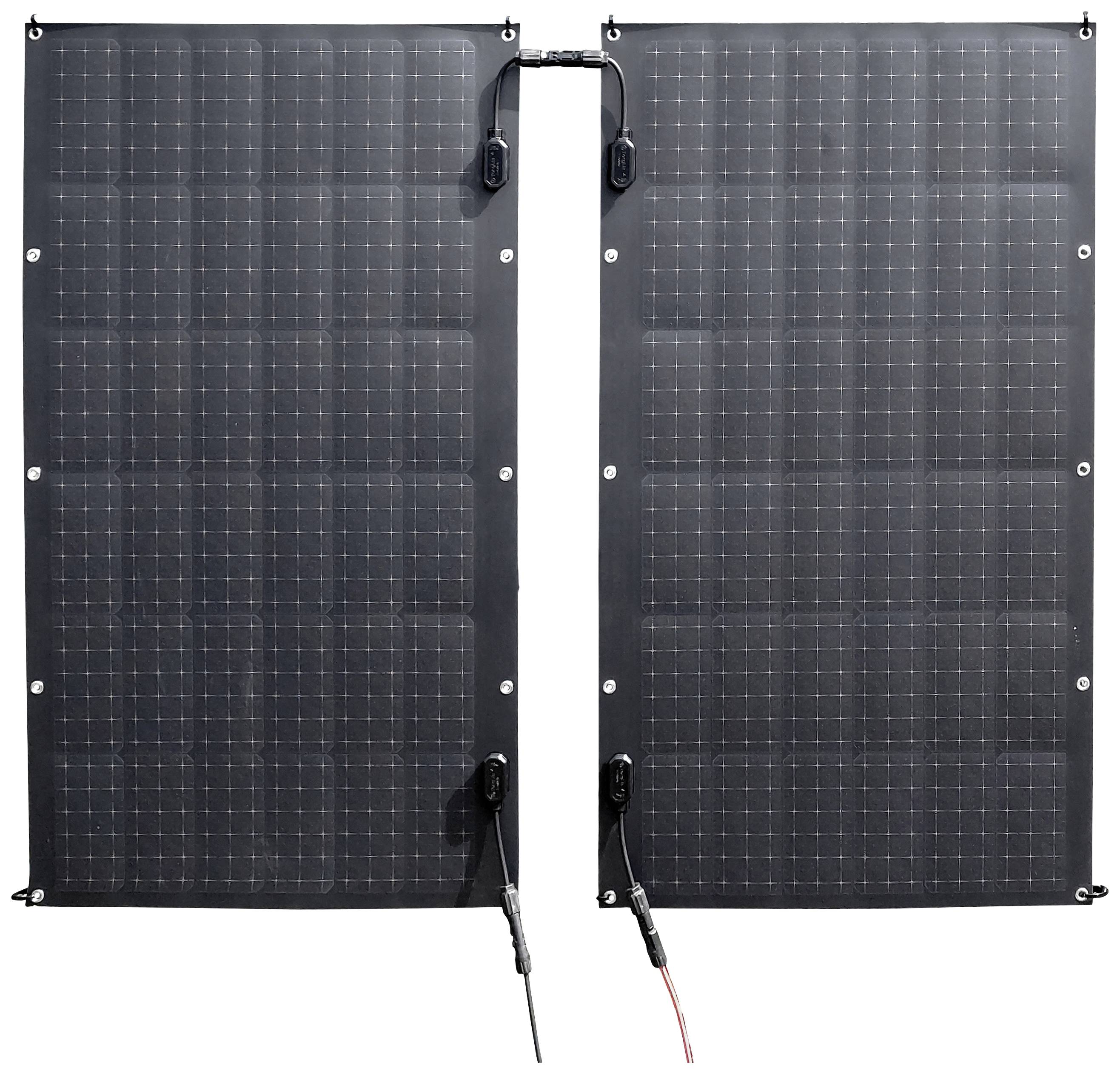 Zwei schwarze Solarpaneele nebeneinander, verbunden durch Kabel. Sie sind für die Energiegewinnung aus Sonnenlicht konzipiert.