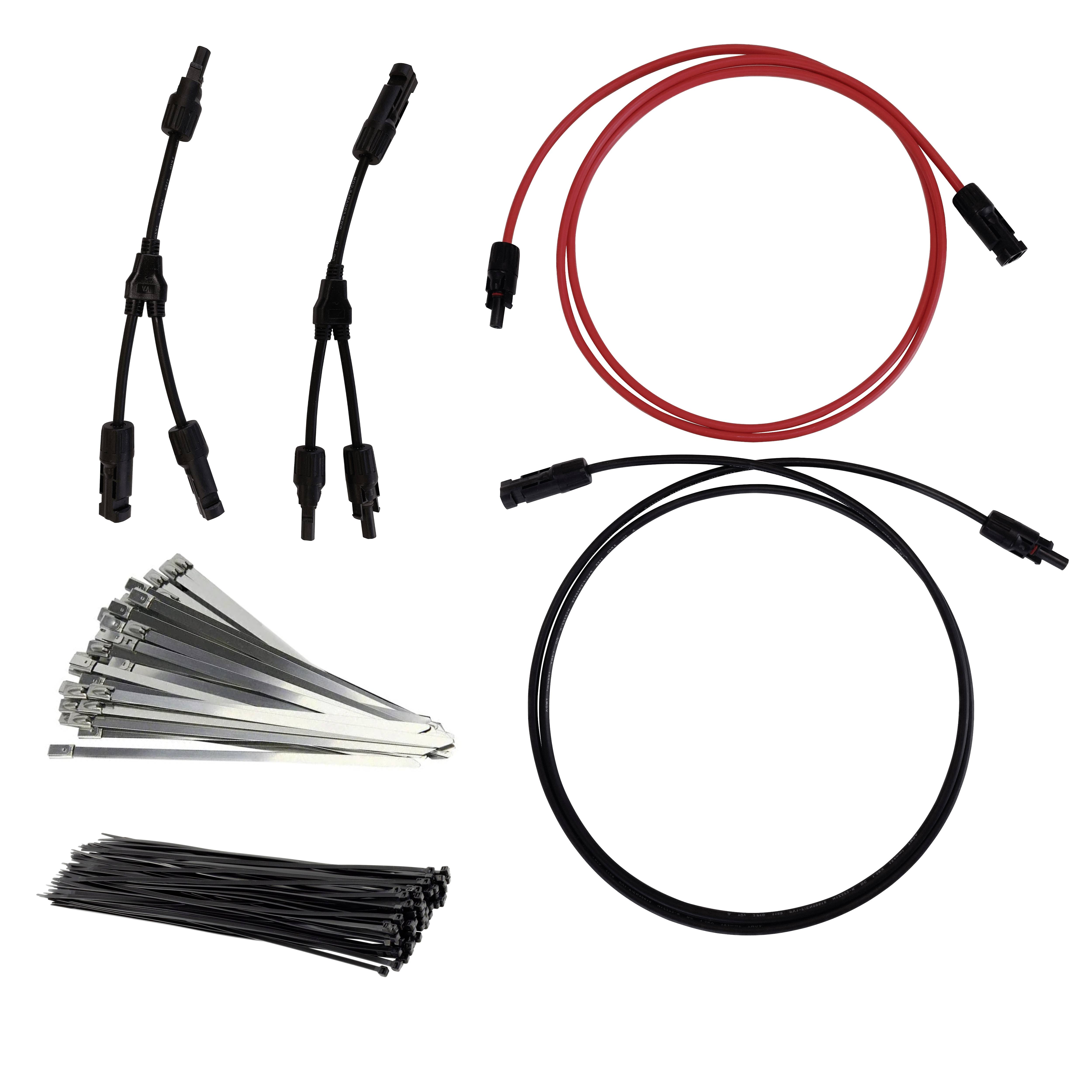 Ein Set aus zwei roten und schwarzen Kabeln, zwei Y-Adaptern und zahlreichen Kabelbindern, für elektrische Verbindungen oder Installationen.