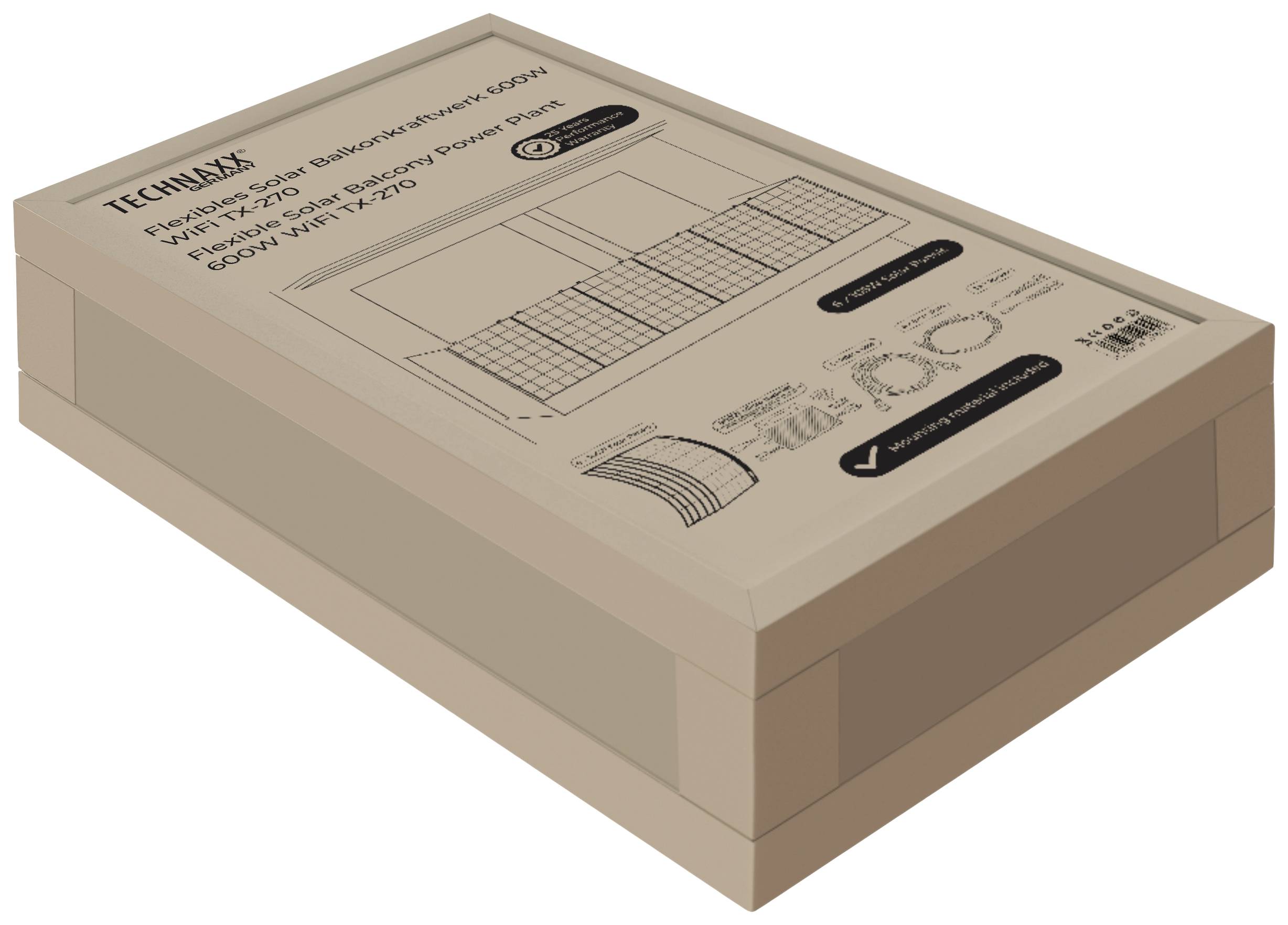 Eine Verpackung mit der Aufschrift 'TECHLABS' und Informationen über ein Solarmodul, Modell X-ST210, 600W Leistung, Maße 210x100x20 cm.