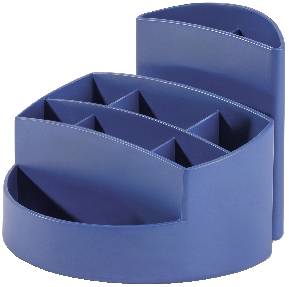 Ein blauer Organizer aus Kunststoff mit mehreren Fächern zur Aufbewahrung von Schreibutensilien. Geeignet für Schreibtische.