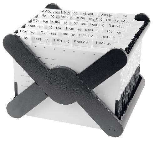 Drehbare Karteibox aus Kunststoff mit alphabetisch sortierten Registerkarten zur organisatorischen Ablage.