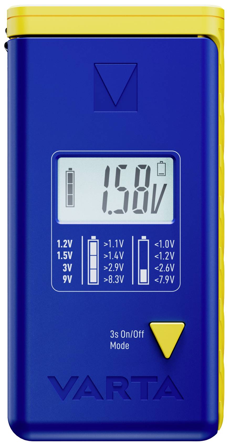Batterietester zeigt eine Spannung von 1,58 Volt auf Display. Knöpfe für verschiedene Batterietypen sichtbar.