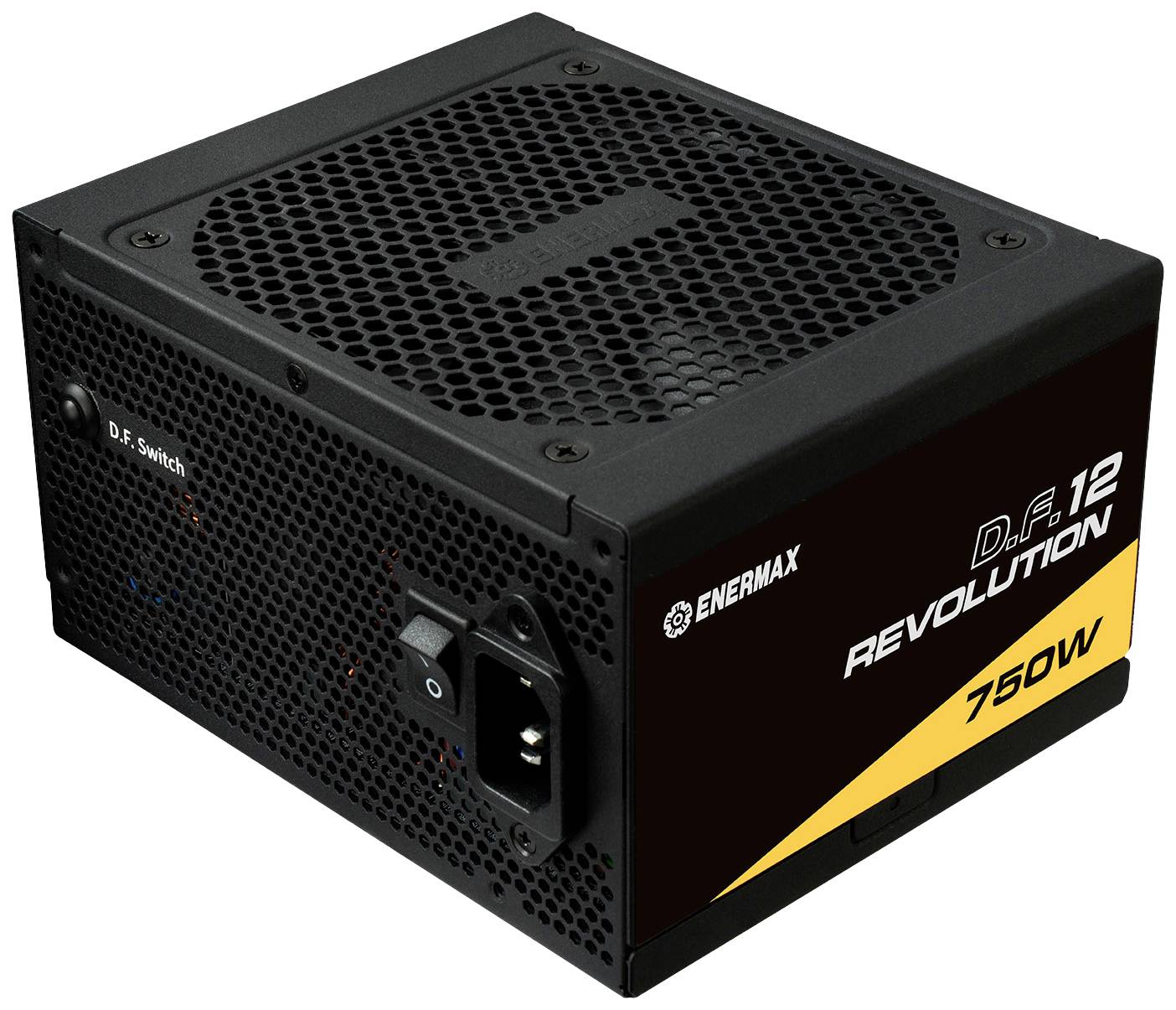 Ein schwarzes Enermax Revolution D.F. 750W Computer-Netzteil mit Lüftergitter, D.F. Schalter und gelbem Akzent an der Seite.