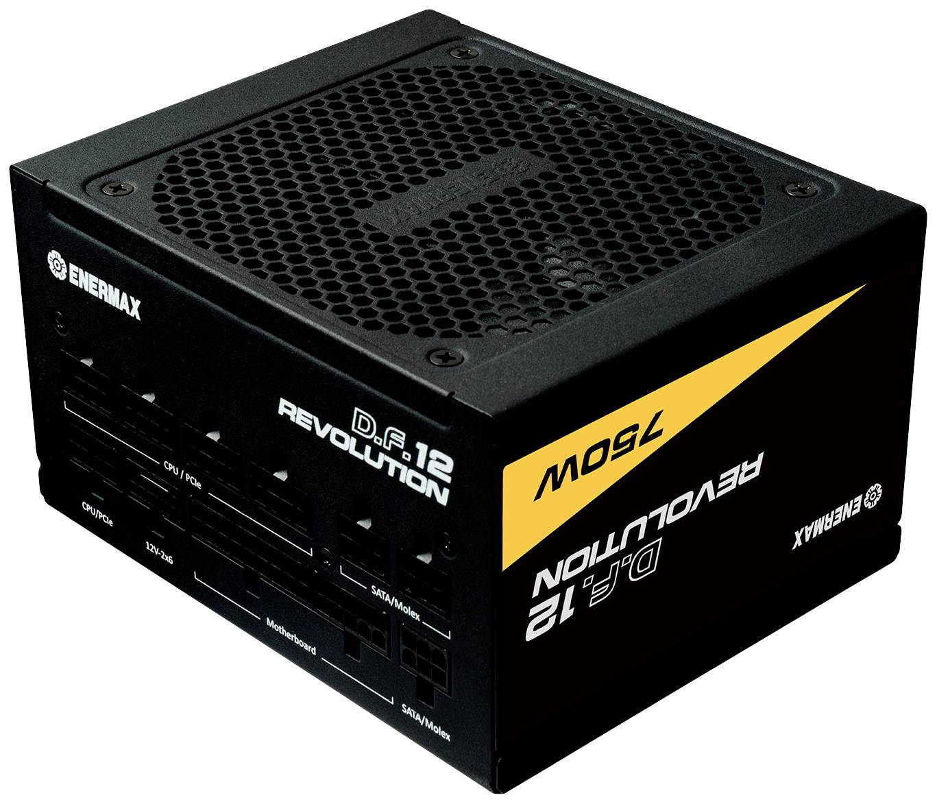 Das Bild zeigt ein Enermax Revolution D.F. 12 Computer-Netzteil mit 750W. Es ist schwarz mit gelben und weißen Beschriftungen.