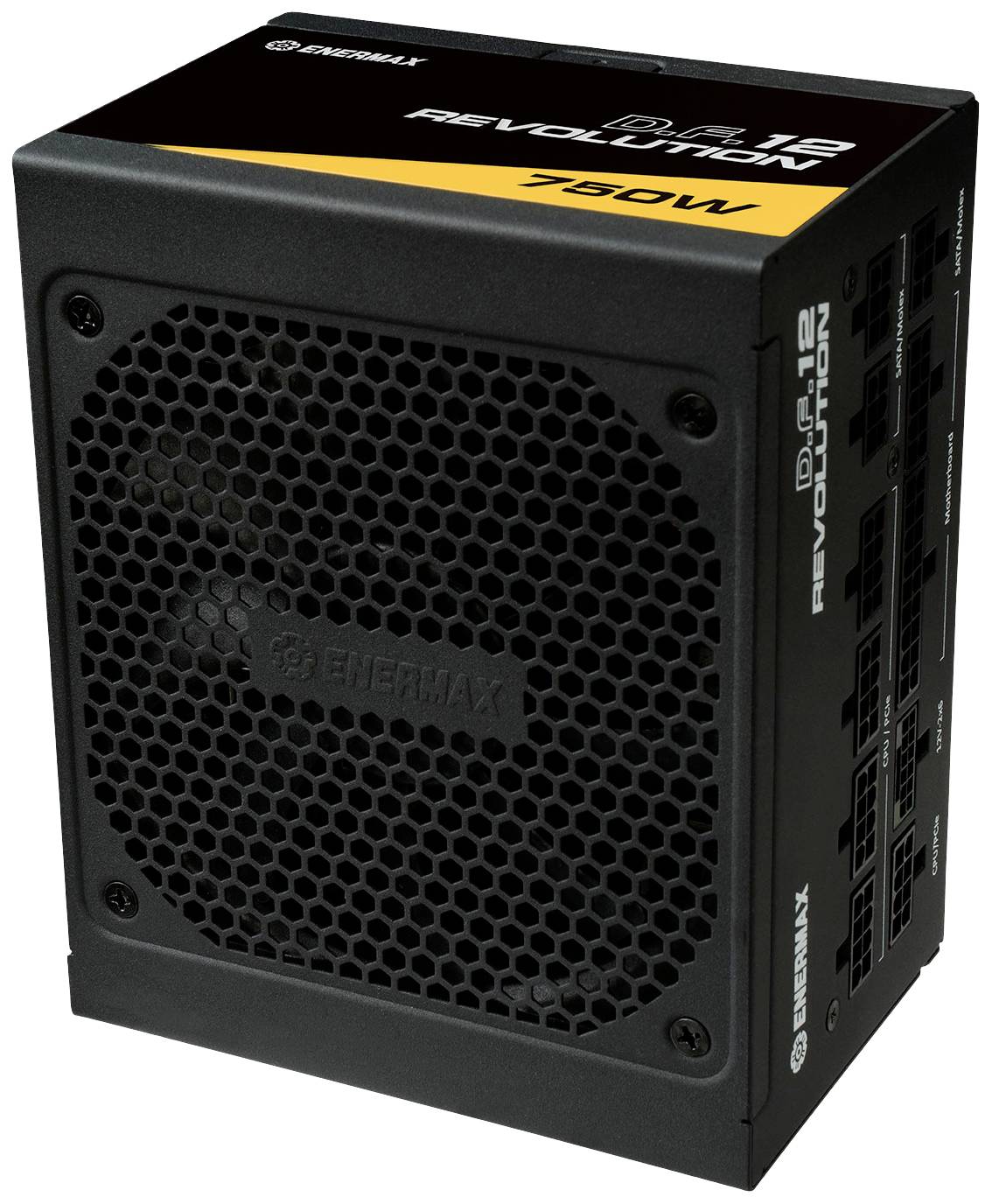 Schwarzes PC-Netzteil von Enermax mit dem Modellnamen 'Revolution D.F. 2' und einer Leistung von 750W. Lüftergitter ist sichtbar.