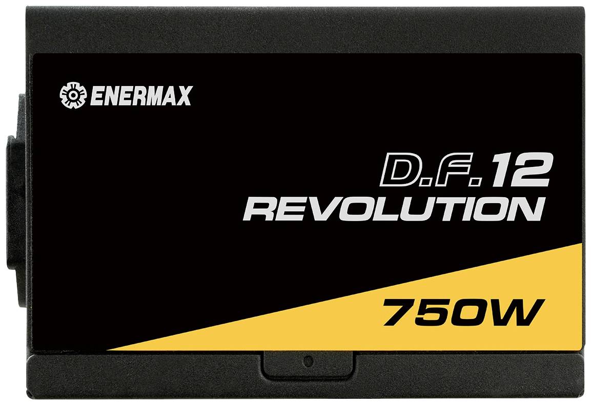 Computer-Netzteil von Enermax, Modell 'D.F.12 Revolution', Leistung: 750W. Schwarzes Gehäuse mit gelber Beschriftung.