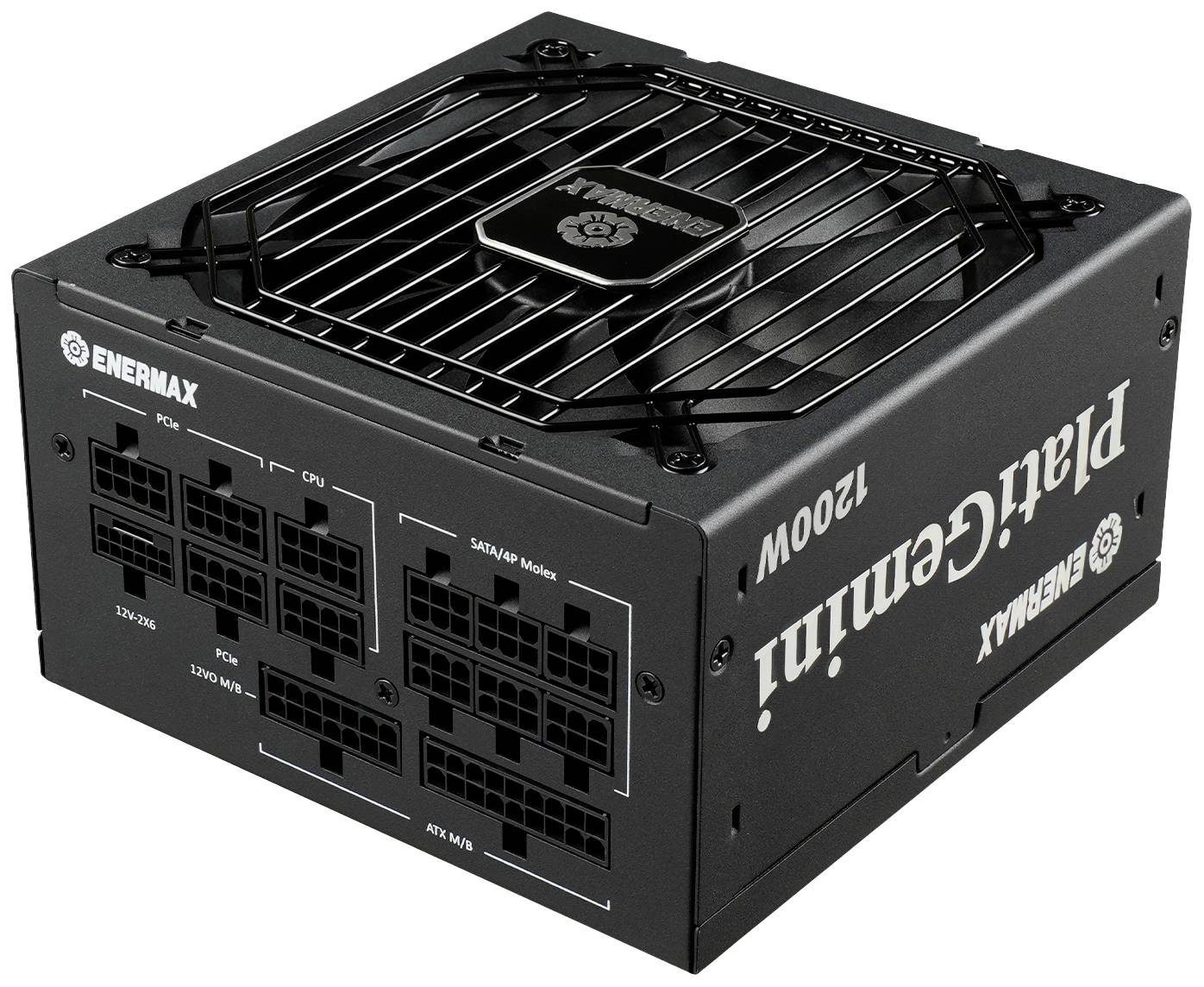 Ein PC-Netzteil von Enermax mit 1200W, Modell Platimax, zeigt mehrere Anschlusssteckplätze für PC-Komponenten.