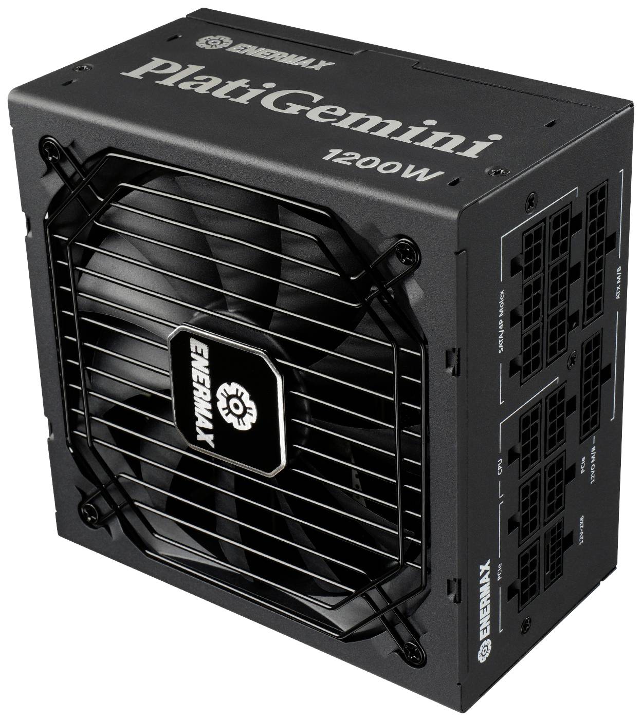 Ein schwarzes Netzteil der Marke Enermax PlatiGemini mit 1200W Leistung. Sichtbar sind Lüfter und verschiedene Anschlussmöglichkeiten.