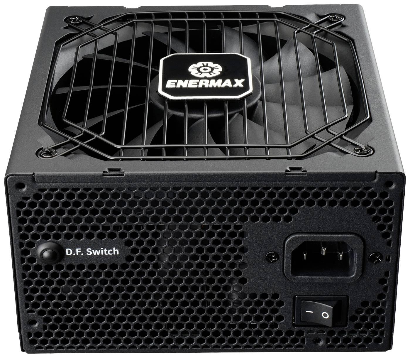 'ENERMAX'-Netzteil mit Lüfter, Netzschalter und 'D.F. Switch' auf der Rückseite.
