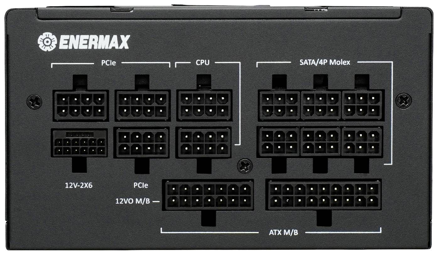 Rückseite eines Enermax-Netzteils mit verschiedenen Anschlüssen, einschließlich PCIe, CPU, SATA/4P Molex, 12V und ATX M/B.