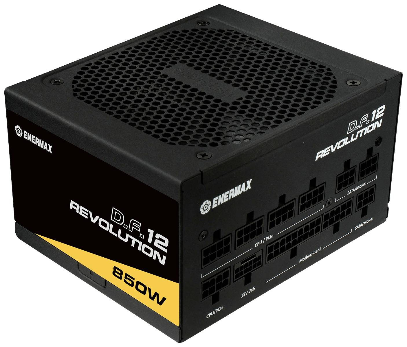 Schwarzes PC-Netzteil von Enermax mit der Aufschrift 'Revolution D.F. 12', 850W Leistung. Zeigt mehrere Anschlüsse an der Seite.