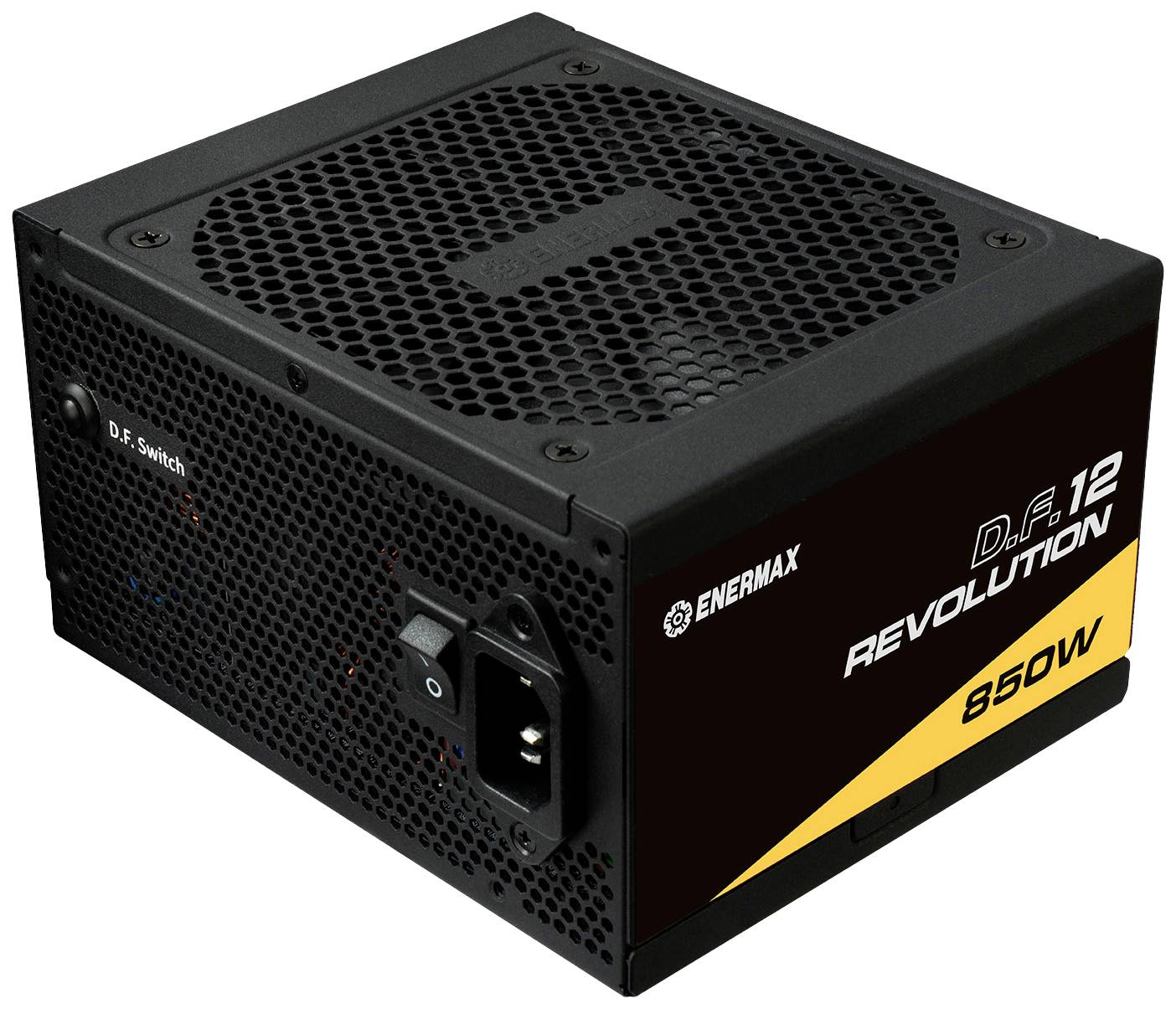 Enermax 850W Netzteil, schwarz, für Computer, mit D.F. Switch und Lüftergitter oben, Modell 'Revolution D.F.12'.