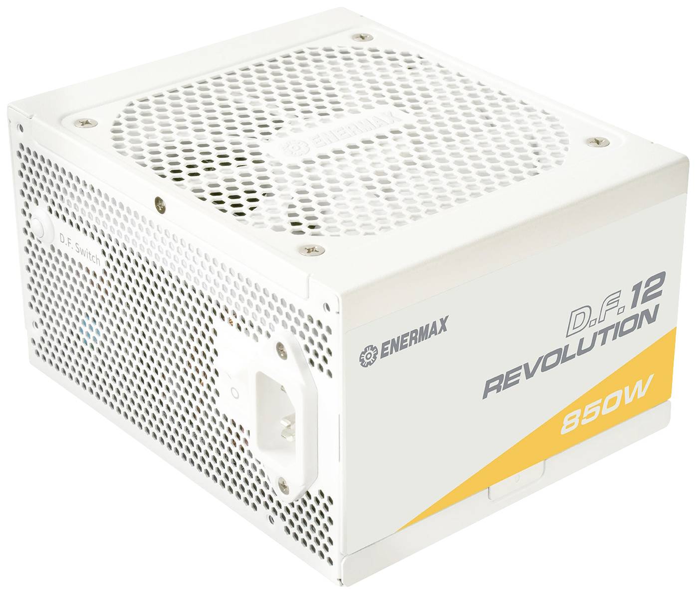 Ein weißes PC-Netzteil der Marke Enermax mit der Aufschrift 'Revolution D.F. 12 850W', geeignet für leistungsstarke Computer.