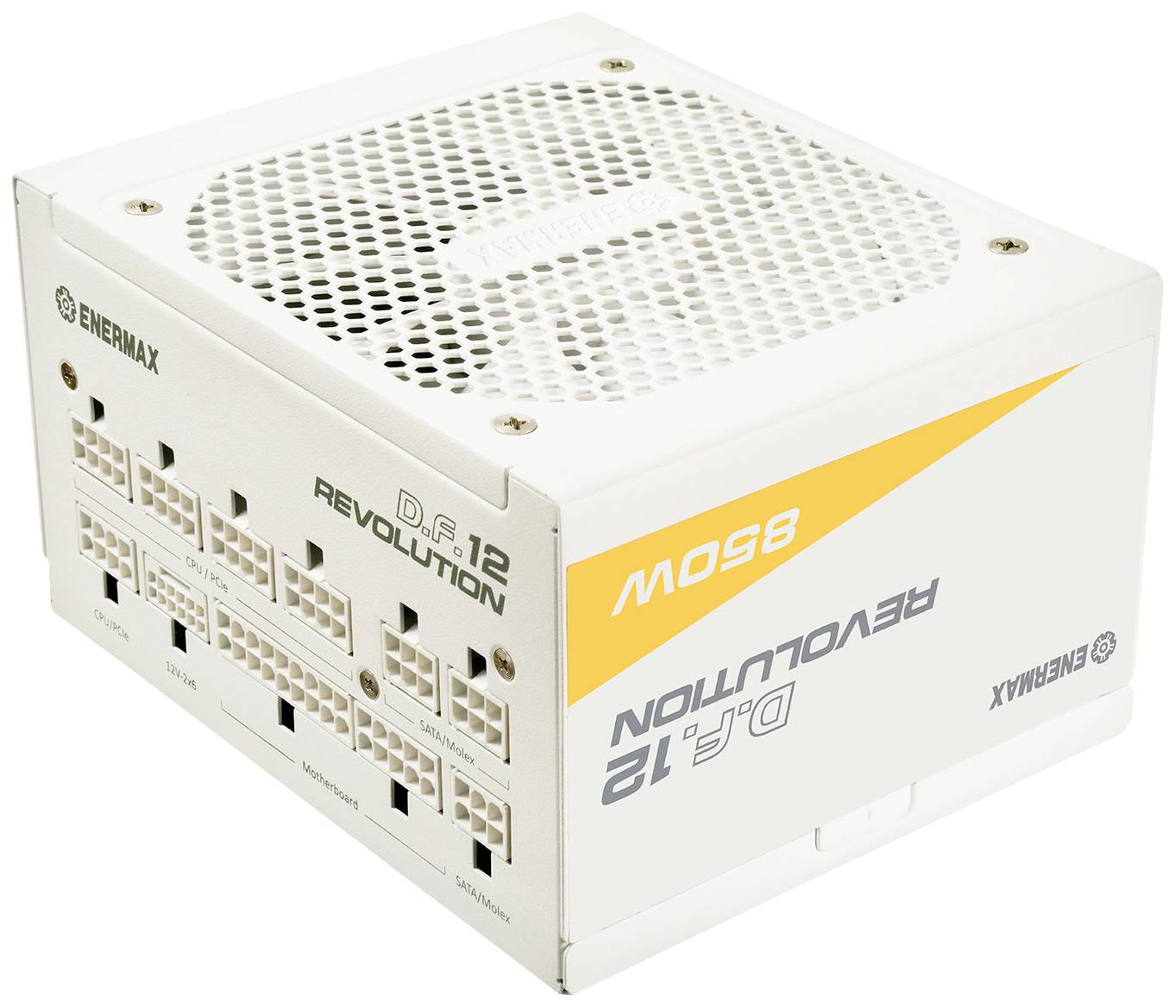 Ein weißes 850W-PC-Netzteil von Enermax, Modell 'Revolution D.F. 2'. Sichtbar sind Stecker für verschiedene Kabelverbindungen.