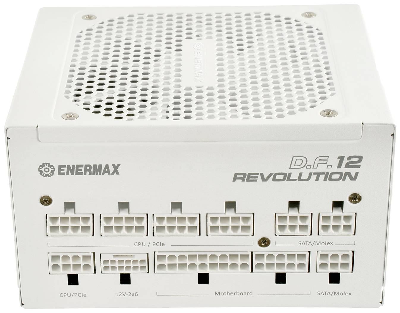 Weißes Enermax-Netzteil mit mehreren Anschlussbuchsen für CPU/PCIe, 12V-2x6, Motherboard und SATA/Molex, Modell 'D.F. 12 Revolution'.