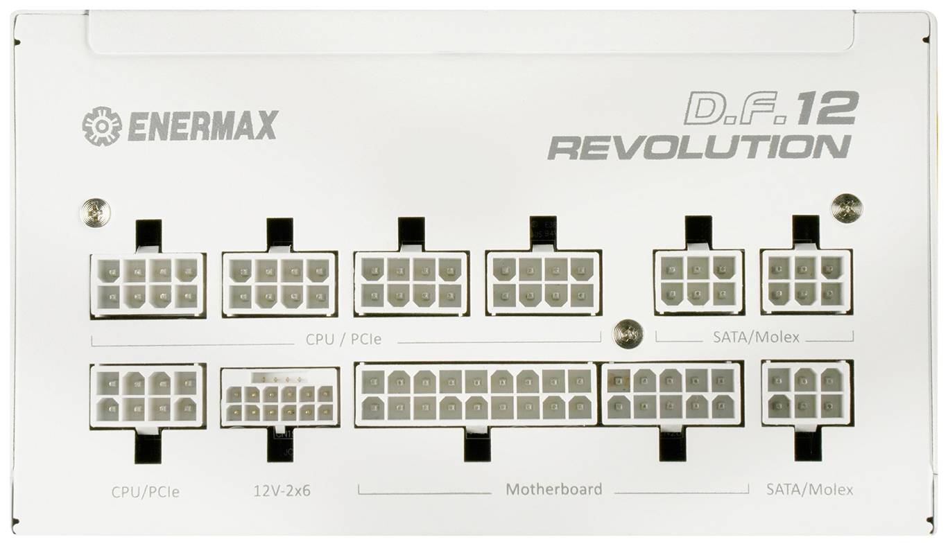 'Enermax D.F. Revolution' Netzteilanschlüsse: CPU/PCIe, Motherboard, SATA/Molex. Adapter für 12V-2x6 und allgemeine Stromversorgung.