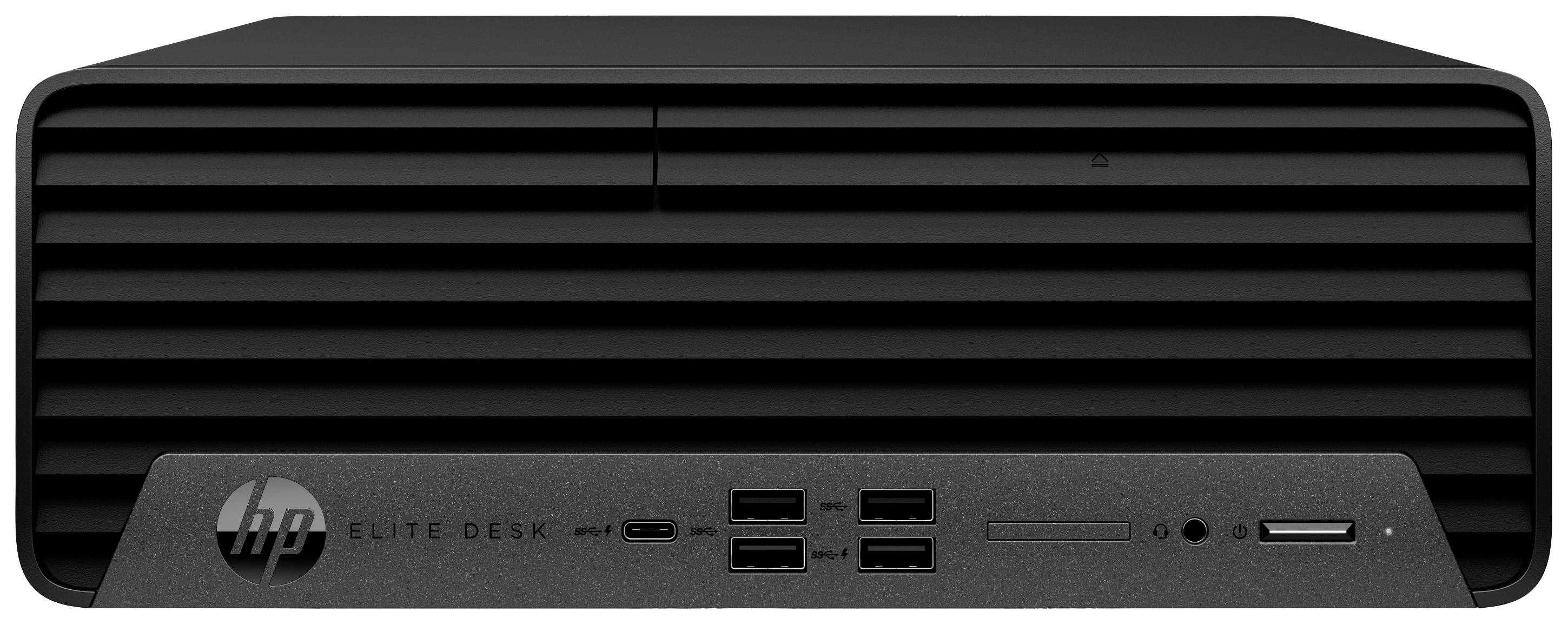 Schwarzer Desktop-PC von vorne mit mehreren USB- und Audioanschlüssen sowie einem SD-Kartenleser; HP-Logo sichtbar.