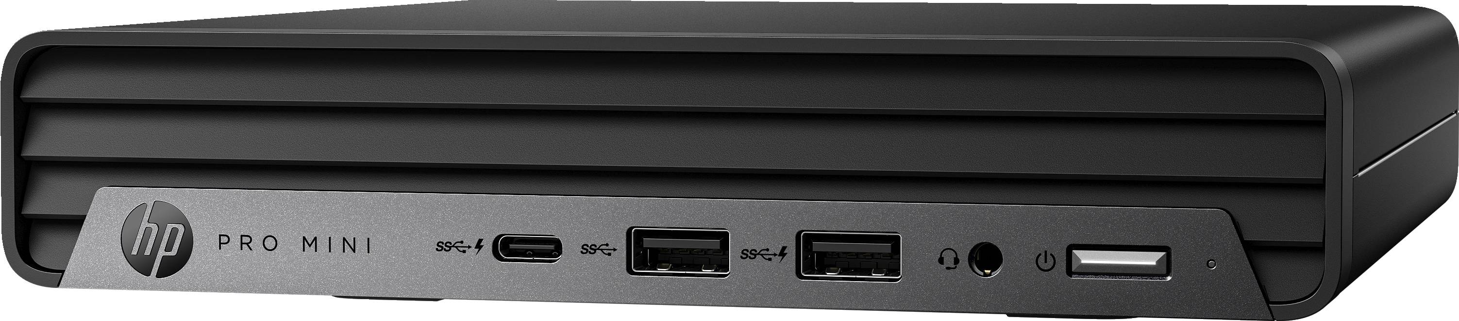 Kleiner schwarzer Computer mit mehreren USB-Anschlüssen und Audioanschluss an der Vorderseite. Markenlogo 'HP' sichtbar.