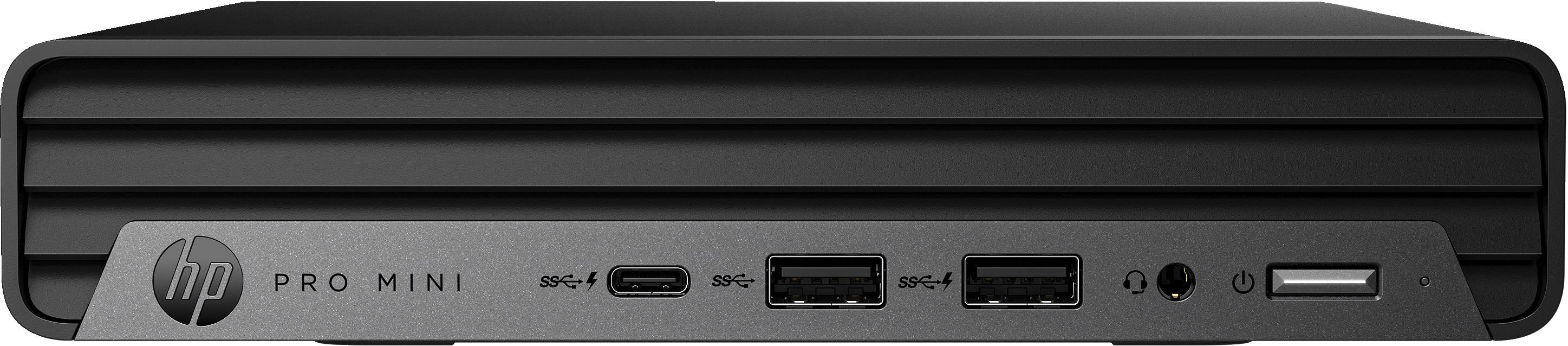 Ein schwarzer Mini-Computer der Marke HP mit der Aufschrift 'Pro Mini' auf der Vorderseite, ausgestattet mit mehreren USB-Anschlüssen und einem Audioanschluss.