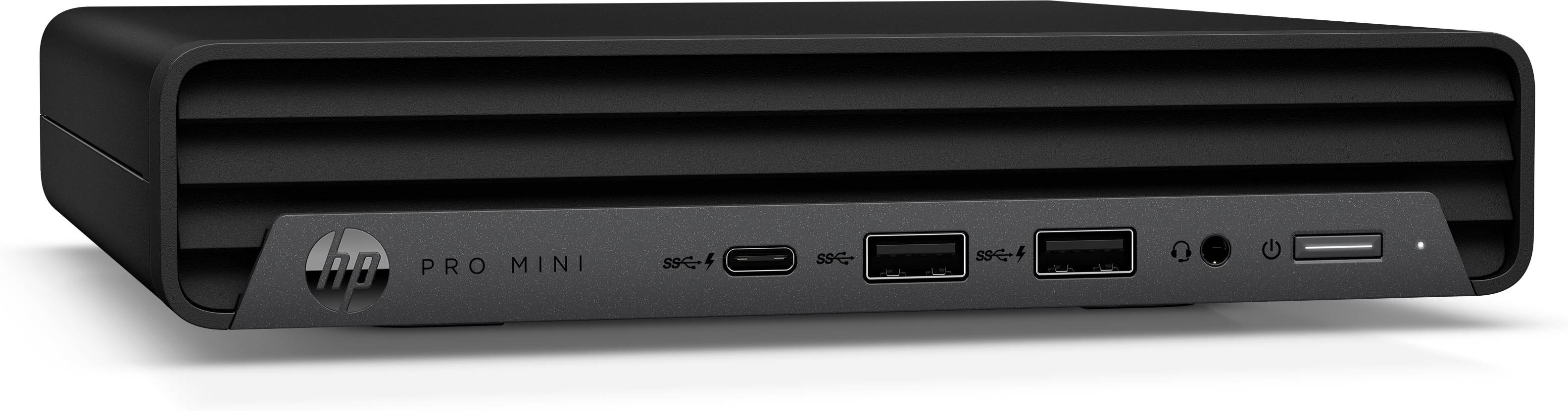 Kompakter, schwarzer HP Pro Mini PC mit mehreren USB-Anschlüssen vorne. Ideal für platzsparende Computernutzung.