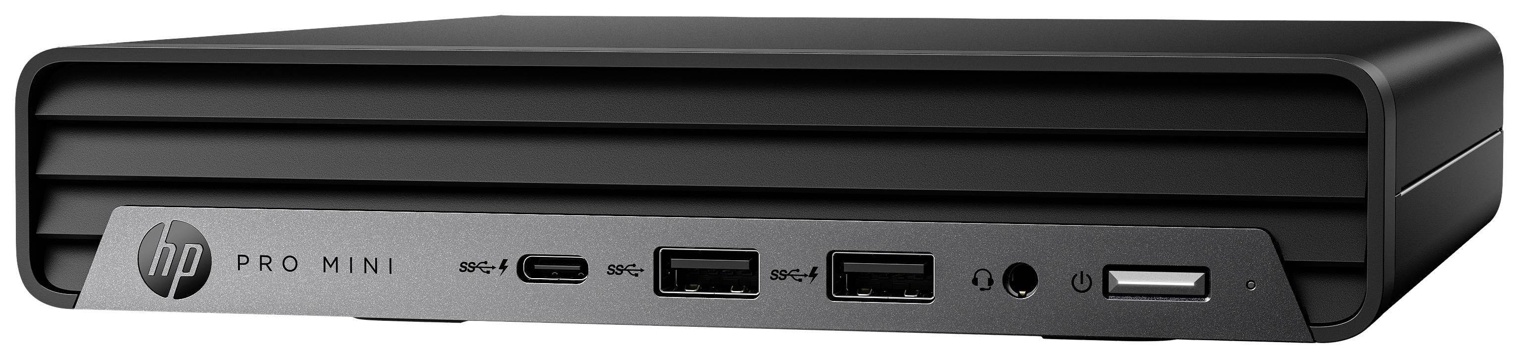 Ein schwarzer HP Pro Mini Desktop-Computer zeigt seine Vorderseite mit mehreren USB-Anschlüssen und einem Audioanschluss.