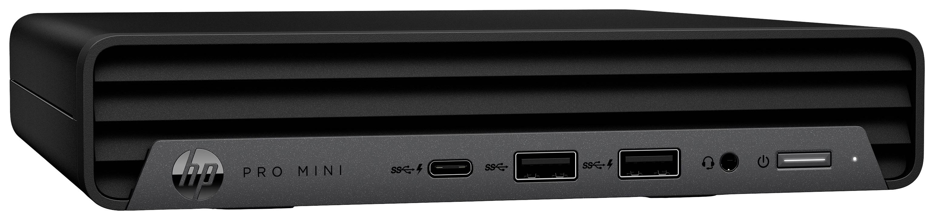 Ein schwarzer Mini-PC von HP mit mehreren Anschlüssen an der Vorderseite, darunter USB- und Audioanschlüsse.