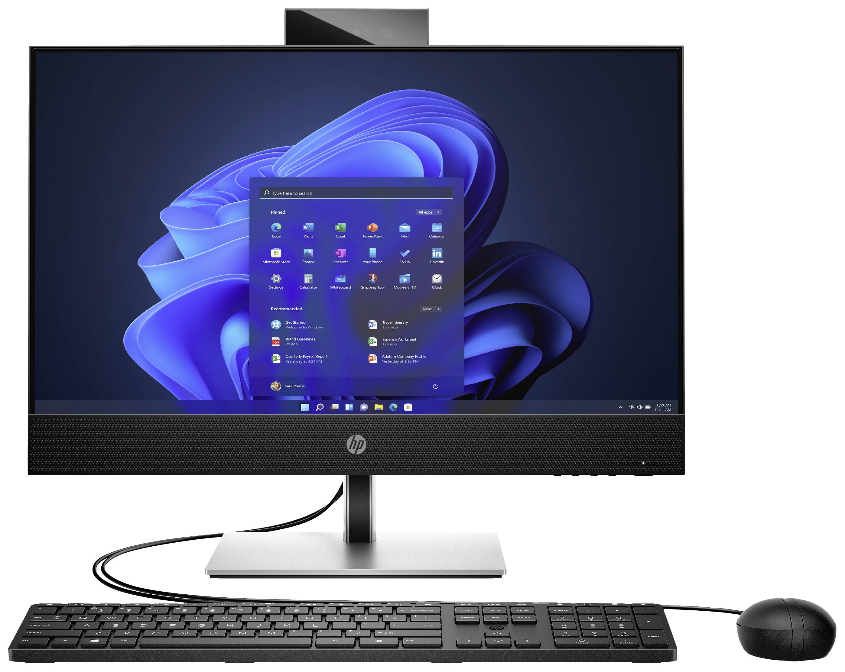Ein Monitor mit Windows-Bildschirm, Tastatur und Maus sind davor platziert. Windows-Startmenü ist auf dem Bildschirm geöffnet.