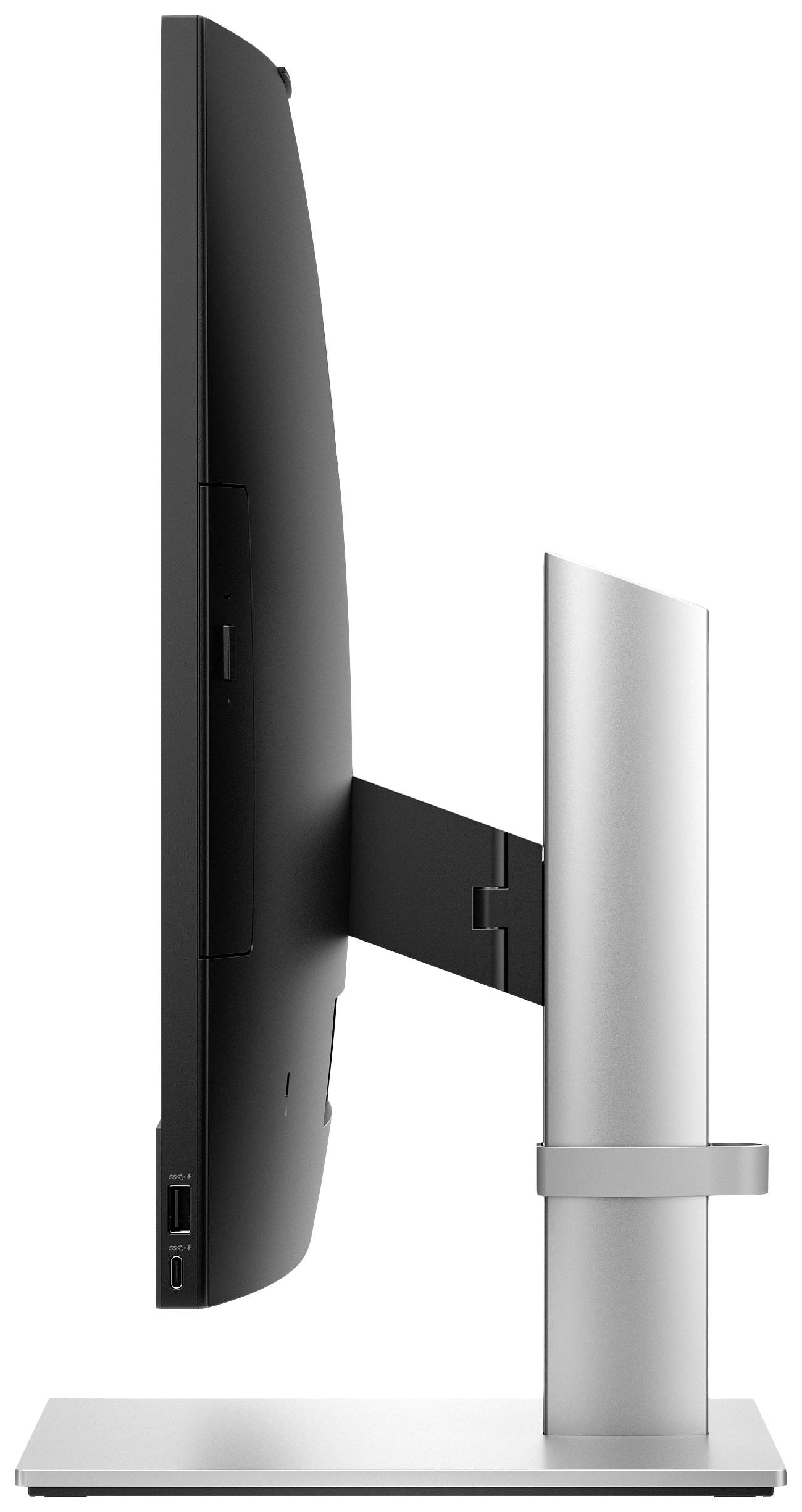 Flacher Computermonitor seitlich dargestellt auf einem Standfuß, ermöglicht Höhenverstellung und Neigung.