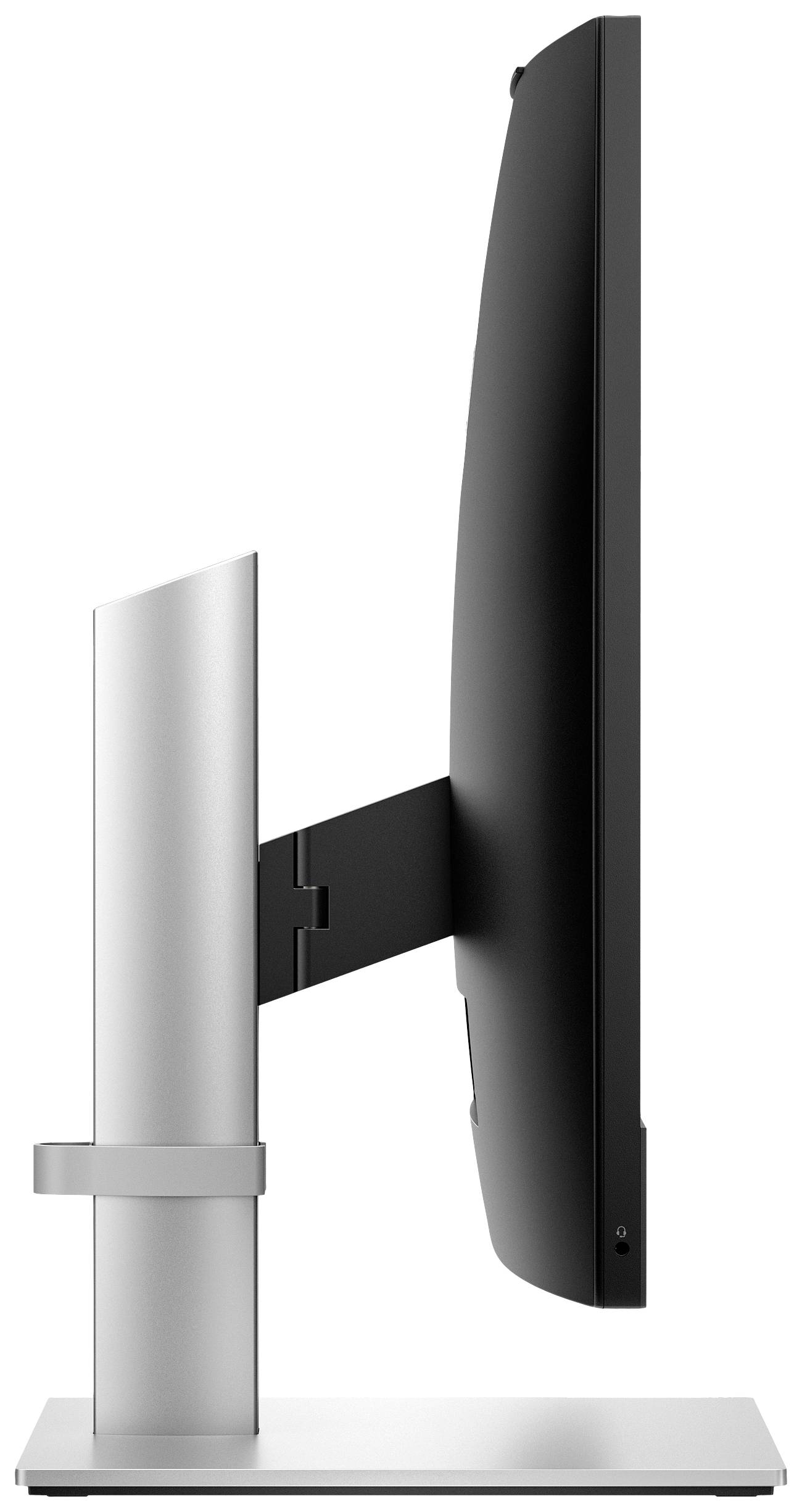 Seitenansicht eines modernen Computermonitors mit schlankem Design, montiert auf einem silbernen Ständer.
